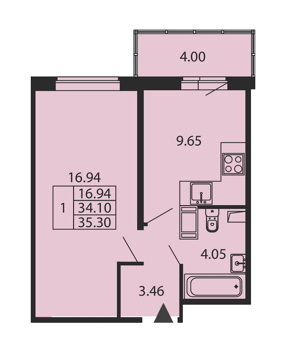 1-комнатная квартира 34.1 м², 12/12 эт., ЖК «Полис ЛАВрики»